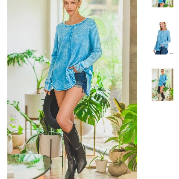 ZENANA ACID WASHED BABY WAFFLE KNIT OVERSIZED LONG SLEEVE TOP Sz Small/Medium - Picture 2 of 7